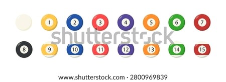 Billiard Balls Collection. A set of numbered billiard balls including the cue ball and the eight ball, displayed on a white background. Vector