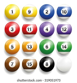 Billiard balls - commonly used colors. Three-dimensional and realistic looking, isolated vector illustration on white background.