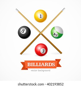 Billiard Balls Concept with Cue. Poster Template. Vector illustration
