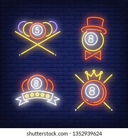 Billiard balls with crown, top hat and cues neon signs set. Billiards club and entertainment design. Night bright neon sign, colorful billboard, light banner. Vector illustration in neon style.