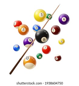 Billiard balls and cue 3d realistic vector. Various color billiard balls with digits flying in air, wooden cue isolated on white background. Snooker or pool club, sport competition equipment