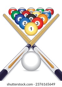 billiard balls and cue ball with cue sticks crossed on white background