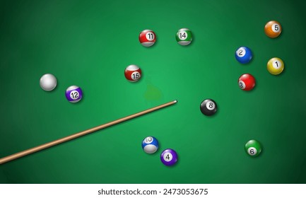 Billiard balls and cue on table with green cloth. Pool table top view. Vector illustration.