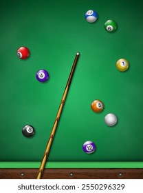 Billiard balls and cue on table with green cloth. Pool table top view. Vector illustration.