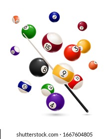 Billiard balls and cue realistic design of sport game. Vector snooker or pool billiard equipment of colorful balls with numbers and wooden cue stick, competition, leisure activity and gambling game