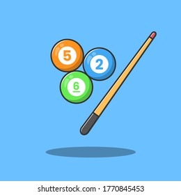 Billiard Balls and Cue Stick Flat Illustration, Cartoon Simple Illustration with Blue Background