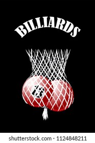 Billiard balls lie in the mesh pocket