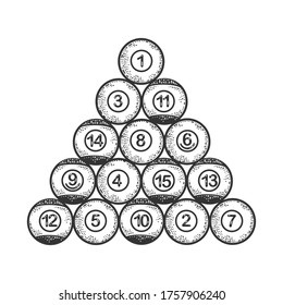 billiard balls lined up in a triangle sketch engraving vector illustration. T-shirt apparel print design. Scratch board imitation. Black and white hand drawn image.