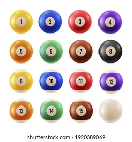 Billiard balls multicolored with numbers from zero to fifteen realistic set. Sport tools. Indoor table game equipment collection. Vector billiard balls isolated on white background.