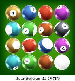 Billiard Balls With Numbers Gamble Tool Set Vector. Multicolor Glossy Billiard Pool Sphere With Reflection For Playing Game. Gambling Equipment Of Entertainment Template Realistic 3d Illustrations