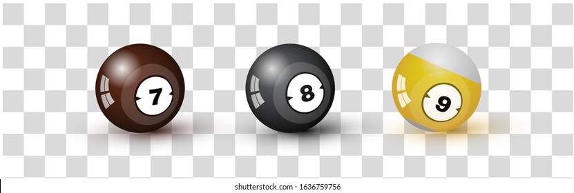 Billiard Balls With Numbers Seven, Eight And Nine, Isolated On Transparent Background. Colorful Symbol Modern, Simple, Icon For UI, Mobile App, Website Design. Realistic Vector Illustrations Set.