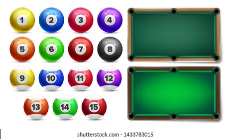Billiard Balls With Numbers And Table Set Vector. Colorful Glossy Collection Of Billiard Pool Sphere With Reflection And Playing Place. Gambling Equipment Of Entertainment Realistic 3d Illustration