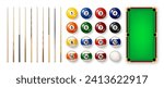 Billiard balls with numbers, various cues and green pool table. Glossy snooker ball. Sports equipment, recreation and hobby, competitive game. Vector illustration