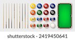 Billiard balls with numbers, various cues and green pool table. Glossy snooker ball. Sports equipment, recreation and hobby, competitive game. Vector illustration