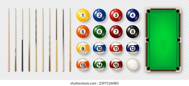 Billiard balls with numbers, various cues and green pool table. Glossy snooker ball. Sports equipment, recreation and hobby, competitive game. Vector illustration