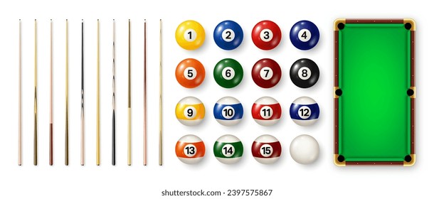 Billiard balls with numbers, various cues and green pool table. Glossy snooker ball. Sports equipment, recreation and hobby, competitive game. Vector illustration