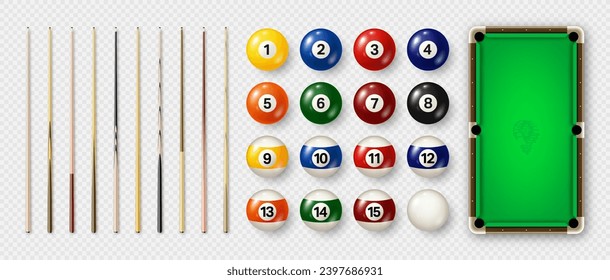 Billiard balls with numbers, various cues and green pool table. Glossy snooker ball. Sports equipment, recreation and hobby, competitive game. Vector illustration