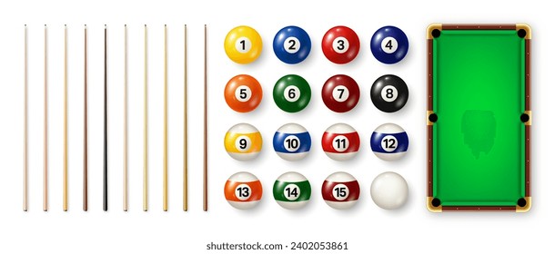 Billiard balls with numbers, various cues and green pool table. Glossy snooker ball. Sports equipment, recreation and hobby, competitive game. Vector illustration