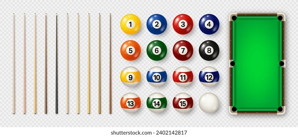 Billiard balls with numbers, various cues and green pool table. Glossy snooker ball. Sports equipment, recreation and hobby, competitive game. Vector illustration