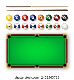 Billiard balls with numbers, various cues and green pool table. Glossy snooker ball. Sports equipment, recreation and hobby, competitive game. Vector illustration