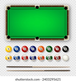 Billiard balls with numbers, various cues and green pool table. Glossy snooker ball. Sports equipment, recreation and hobby, competitive game. Vector illustration