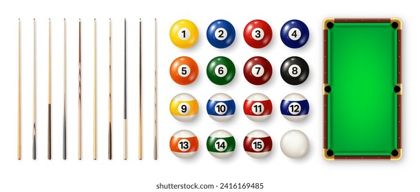 Bolas de billar con números, varias señales y mesa de billar verde. Una bola de snooker brillante. Equipamiento deportivo, recreación y pasatiempos, juego competitivo. Ilustración del vector