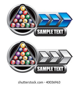 billiard balls on blue and silver arrow banners
