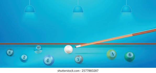 Billiard balls on the blue table with a cue and ball. American billiards, snooker table blue light, Vector illustration