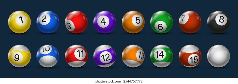 Billiard balls on dark background. Pool balls with numbers. Vector illustration.