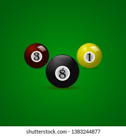 Billiard balls on green table. Vector billiard illustration.