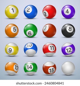 Billiard balls on light background. Pool balls with numbers. Vector illustration.