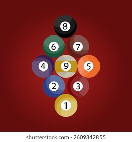 Billiard balls on red cloth surface realistic illustration. Table sports game equipment. Cue sports equipment. Top view. Isolated vector design.