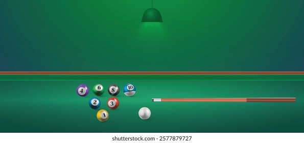 Billiard balls on the table with a cue and ball. American billiards,  snooker table green light, Vector illustration