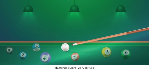 Billiard balls on the table with a cue. American billiards,  snooker table green light, Vector illustration