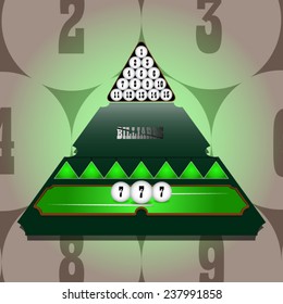 Billiard balls on a billiard table green color under the lights and in the triangle. Vector illustration