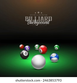 Billiard balls on table with green cloth. Vector illustration.