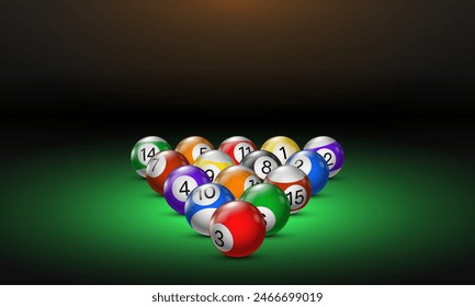 Bolas de billar en la mesa con paño verde. Ilustración vectorial.