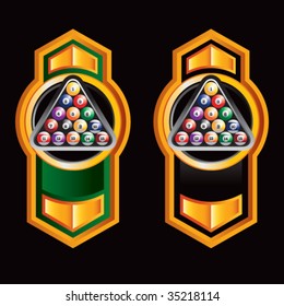 billiard balls on vertical arrow banner