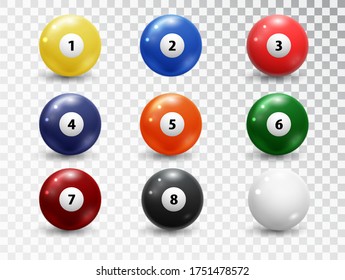 Billiard balls, pool accessory set. Realistic balls on transparent background. Vector design elements.