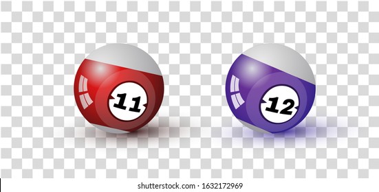 Billiard Balls Poster Design. Colored 3D Sphere Elements With Number Eleven And Twelve, Isolated On Transparent Backdrop. Background For Gambling Sport Games. Realistic Vector Illustrations Kit. EPS10