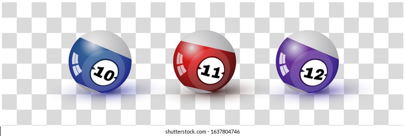 Billiard Balls Poster Design. Colored 3D Sphere Elements With Numbers Ten, Eleven And Twelve, Isolated On Transparent Backdrop. Background For Gambling Sport Games. Realistic Vector Illustrations Kit.