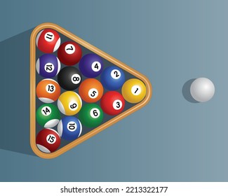 Billiard Balls and Rack Horizontal View, vector illustration