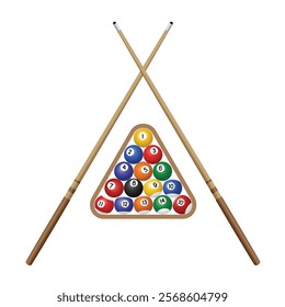 Billiard balls in the rack and two crossed cue sticks vector illustration isolated on white background, eps