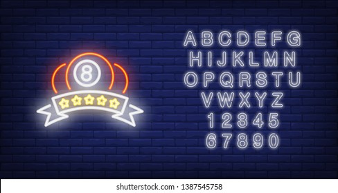 Billiard balls and rating neon sign. Scroll with five stars. Night bright advertisement. Vector illustration in neon style for assessment and snooker