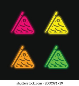 Billiard Balls Set Inside The Triangle And The Stick At One Side four color glowing neon vector icon