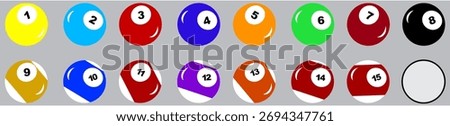 Billiard balls. A set of pool balls with the numbers 1 through 15. Realistic vector illustration isolated on grey background