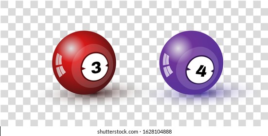 Billiard Balls With Shadows. Glossy Spheres With Number Three And Four. Realistic Balls for snooker or  pool game. Colorful Vector Illustrations Set. Sport Equipment Isolated On Transparent Background