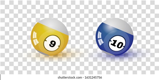 Billiard Balls With Shadows. Glossy Spheres With Numbers  Nine And Ten. Realistic Balls for snooker or  pool game. Colorful Vector Illustrations Set. Sport Equipment Isolated On Transparent Background