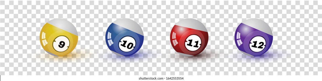 Billiard Balls With Shadows. Glossy Spheres With Numbers Nine, Ten, Eleven And Twelve. Realistic Balls For Pool Game. Colorful Vector Illustrations Set. Sport Equipment Isolated On Transparent Bg.