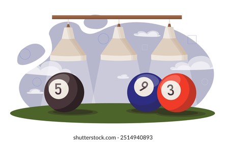 Billiard balls at table. Black, blue and red balls for billiard. Active lifestyle isport. Competitions and tournament. Hobby and leisure. Flat vector illustration isolated on white background